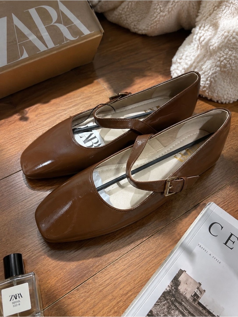 Zara Cognac Brown Mary Jane Flats with Buckle Strap